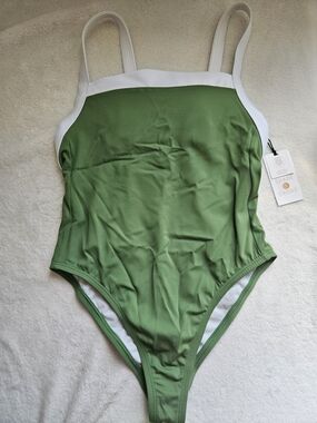 Shade & Shore Green One-Piece Swimsuit with White Trim